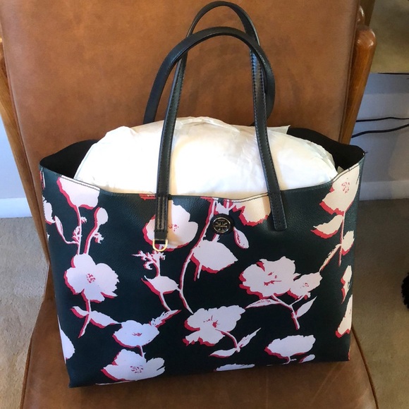 SOLD! NWT Tory Burch Floral Tote Bag -Dark Green Leather - Picture 14 of 16